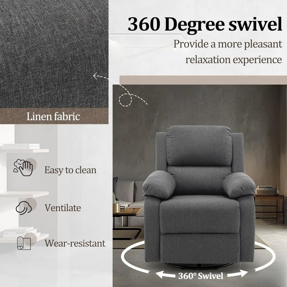 360 Swivel Rocker Recliner Chair for Adults, Glider with Side Pockets.
