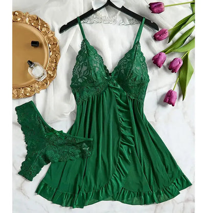 2 Pcs Set Lace Nightgown, Women Exquisite Nighties Transparent V-Neck Bra Panty Sets.