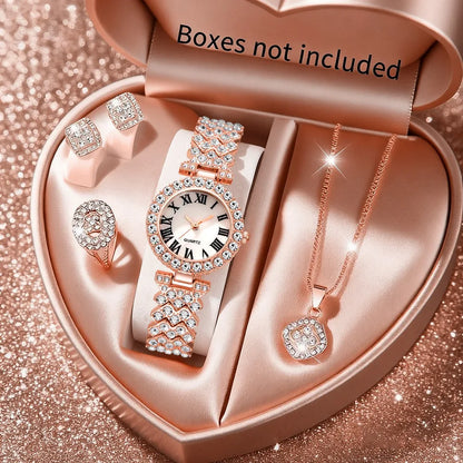 5pcs Elegant Rhinestone Women Watches, Fashion Roman Dial, Bracelet Band, Quartz Wristwatch Jewelry Set.