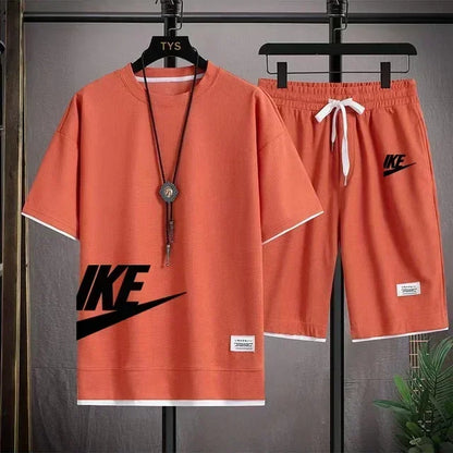 summer men casual short sleeved T-shirt shorts sports set, outdoor breathable jogging shorts 2-piece set.