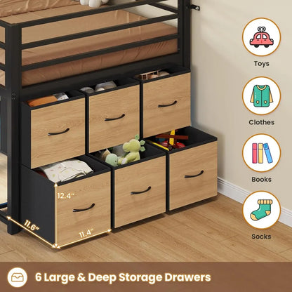 Twin Size Low Loft Bed with 6 Drawers, LED Lighting, 2-Tier Shelves, and 15-Step Safety Ladder for Kids