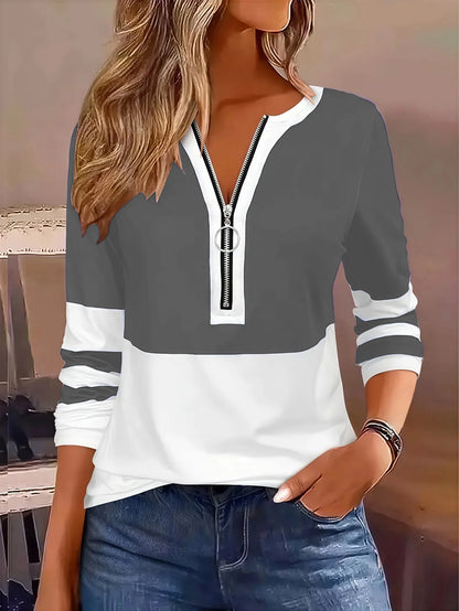 Plus Size Long Sleeve, Geometric Stripes & Color Block Ring Zipper.