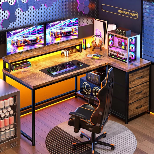 L Shaped Gaming Desk with LED Lights & Power Outlet 48Inch
