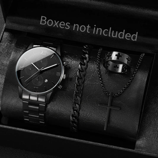 4pcs/set Men's Watch Bracelet Necklace Ring Set   (No Box)