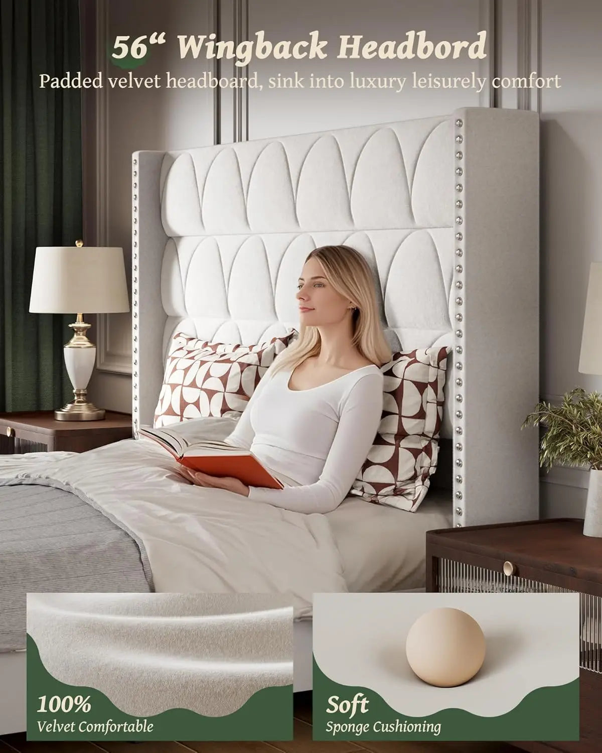 King Size Bed Frame with 56" Headboard - 1000LBS Capacity Support, Velvet Upholstered Wingback Platform Bed Frame.
