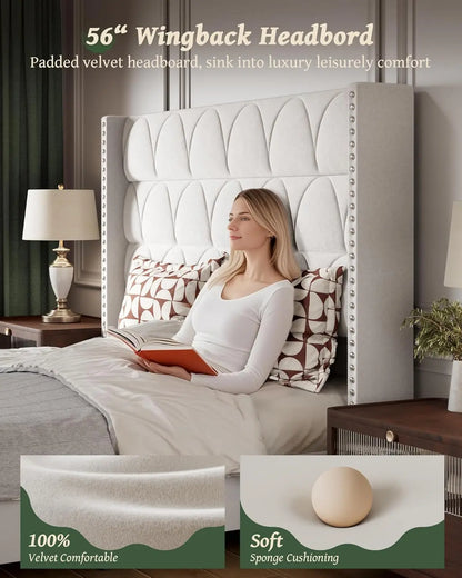 King Size Bed Frame with 56" Headboard - 1000LBS Capacity Support, Velvet Upholstered Wingback Platform Bed Frame.