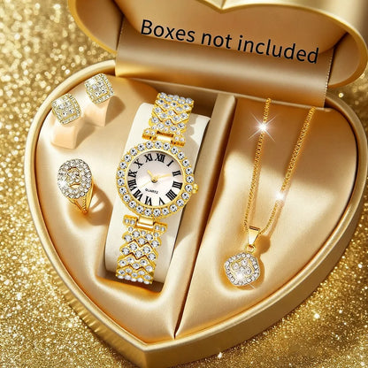 5pcs Elegant Rhinestone Women Watches, Fashion Roman Dial, Bracelet Band, Quartz Wristwatch Jewelry Set.