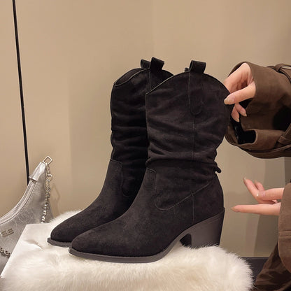 Women Autumn & Winter Flocked Mid Calf Boots, Non Slip Western Boots.