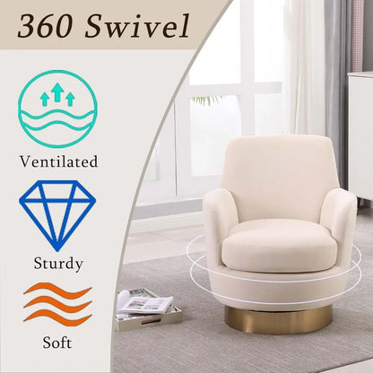 Velvet Swivel Accent Chair for Living Room, Comfy Barrel Chair with High Back, Gold Base (Beige)