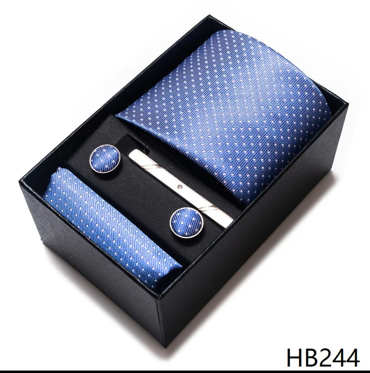 8 cm Wide Tie Sets Blue Solid Men's Neck Tie Handkerchief Cufflinks Clip Gift Silk Handmade