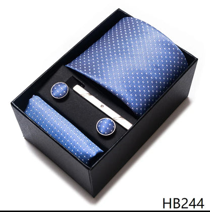 8 cm Wide Tie Sets Blue Solid Men's Neck Tie Handkerchief Cufflinks Clip Gift Silk Handmade