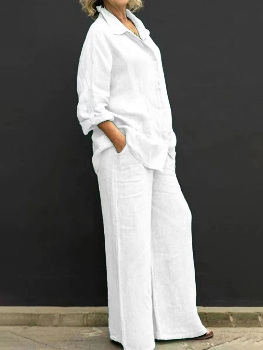 Two Piece Sets Women Outfits,  Fall Simple Long Sleeve Shirt Loose Trousers Set Office Casual.