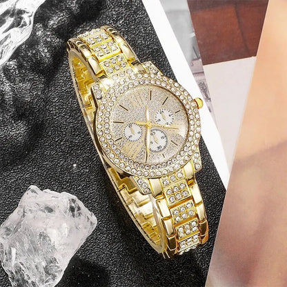 Women's Quartz Watch Gold  Women Ring Necklace Earring  Jewelry Set.