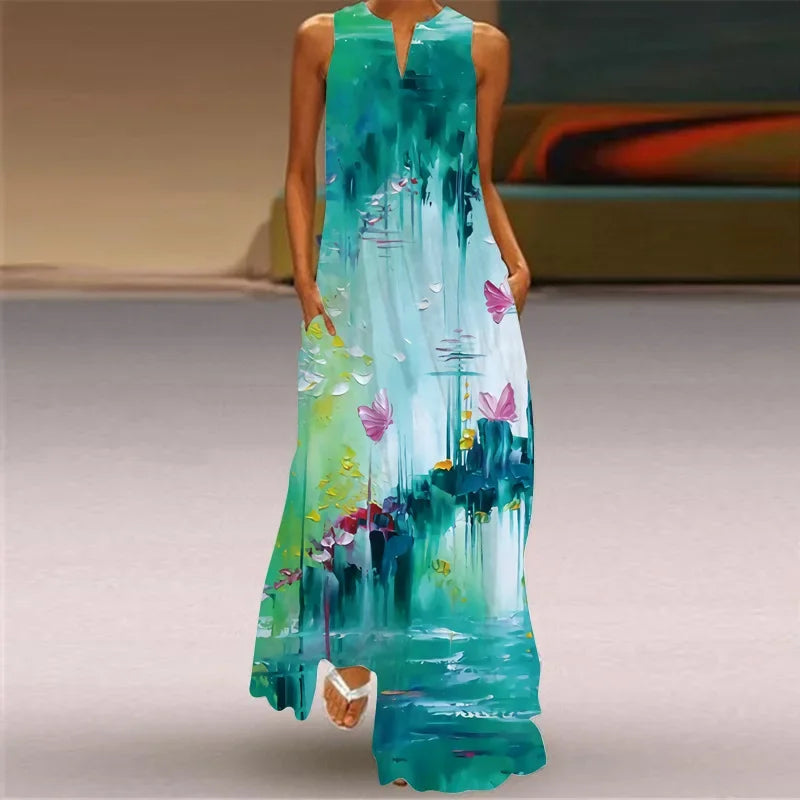 Elegant Sleeveless Women Dress, Vintage Print Loose Long Maxi Dresses Lady V Neck Pocket Sundress Plus Size