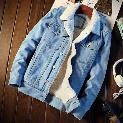 Winter Fleece-lined Thickened Denim Jacket  Loose Fit.