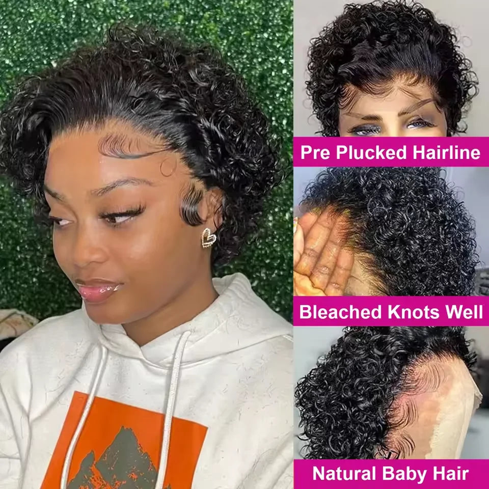 Short Pixie Cut Wig Curly Bob Lace Front Human Hair  200Density 13X1 Lace  Brazilian Wig