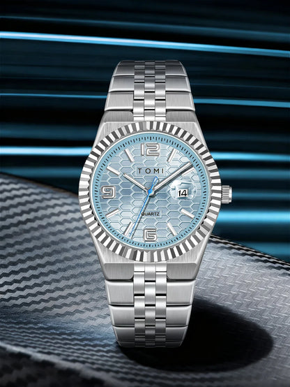 Luxury Men's Watch Steel Band, Calendar, Multi-function Quartz Watch, Ring, Cufflink Gift Box Set.