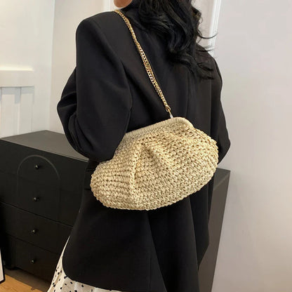 Bohemian Straw Dumpling Clutch Bag | Woven Straw Tote Purse for Women (Summer Beach Bag, Wicker Clutch)