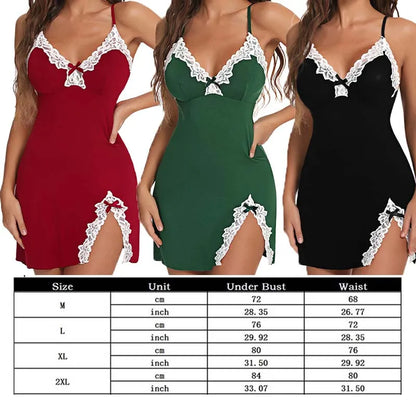 Sexy Sleepwear Women Lace Silk Satin V-Neck Nightgown