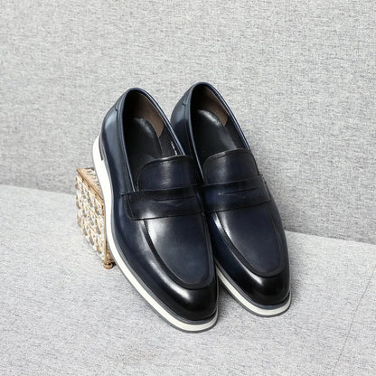 Classy Men's Genuine Cow Leather Penny Loafers | Blue & Black Casual Business Flats (Breathable)