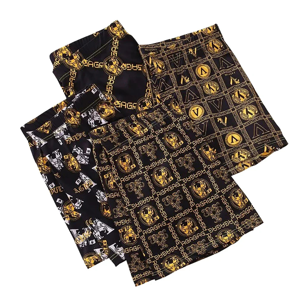 4pcs Luxury Men's Boxer, Golden Greek Letter Print, High Stretch Fabric Waistband.