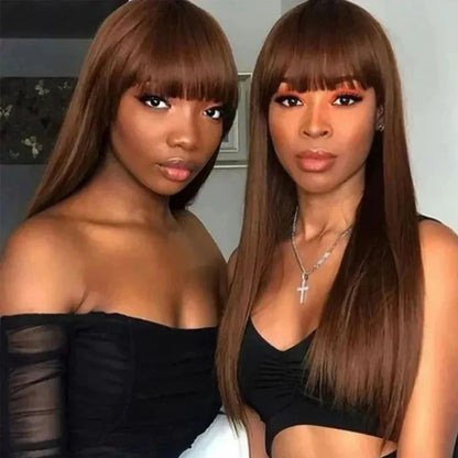 Reddish Brown Human Hair Wig with Bangs | Easy Layer Cut Straight Remy Hair for Women (Affordable)