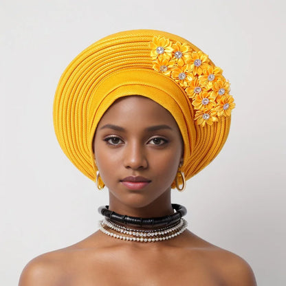 Red Multi-Layered, Turban Hat African Fan Shaped Head Wraps ,Pleated Headwear With Crystal.