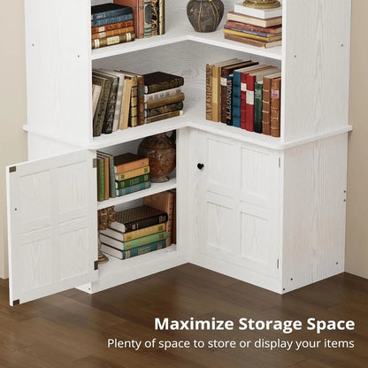 Corner Bookshelf with Doors, 6 Tier Bookcase with Storage, Corner Shelf with Cabinet, Large Bookshelf for Living Room.