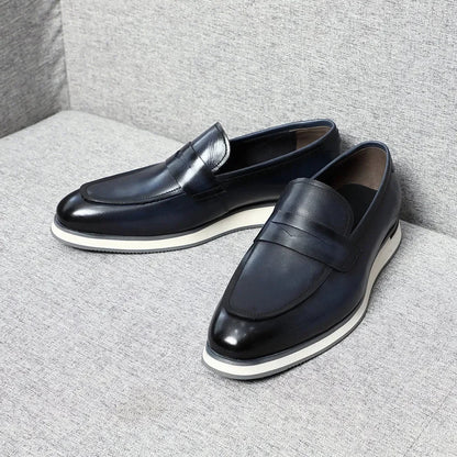 Classy Men's Genuine Cow Leather Penny Loafers | Blue & Black Casual Business Flats (Breathable)