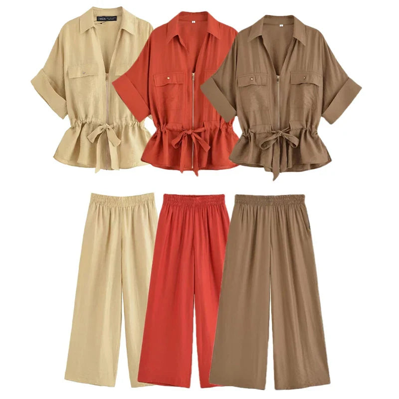 Women Fashion 2 Piece Set Solid Front Zipper Shirts & Vintage High Elastic Waist Trousers Female.