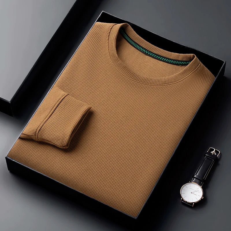 Men Casual Waffle Round Neck T-shirt Breathable, Comfortable, and Fashionable Long Sleeved T-shirt.