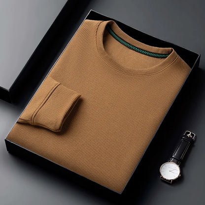 Men Casual Waffle Round Neck T-shirt Breathable, Comfortable, and Fashionable Long Sleeved T-shirt.