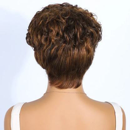 Rebecca P1B/30 Brown Pixie Cut Wig | Curly Side Part Brazilian Human Hair