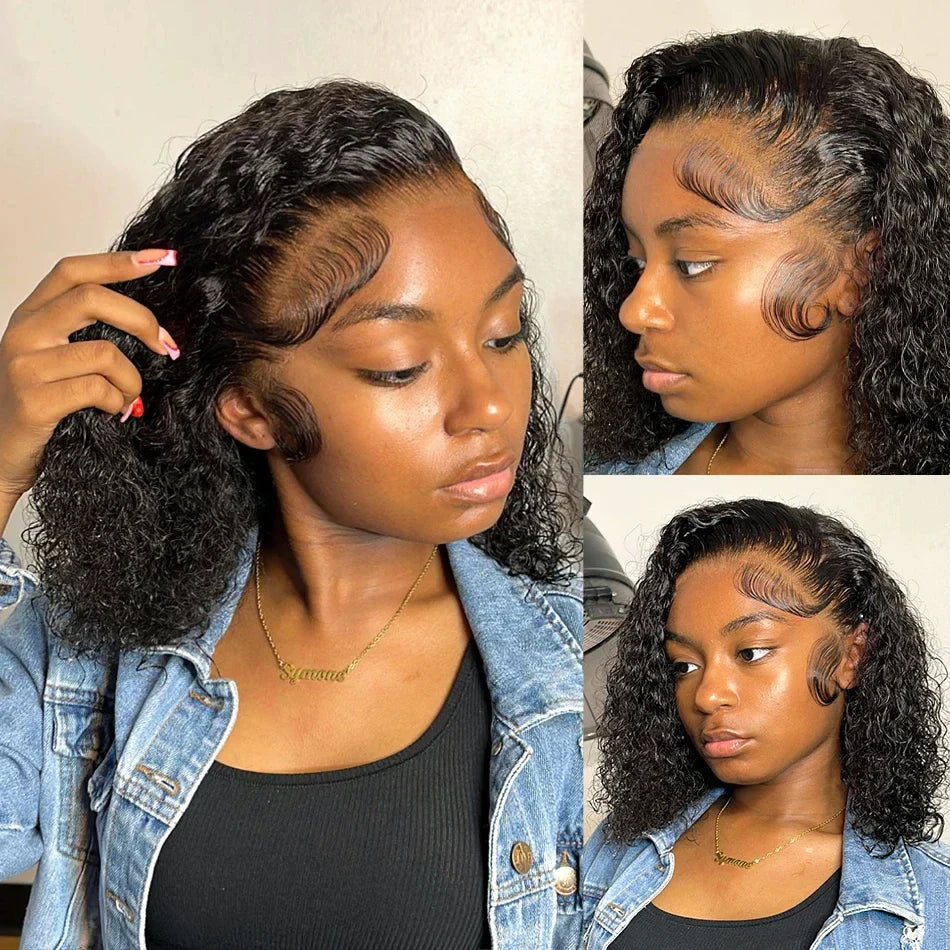 200% Density Short Curly Bob Wigs 13x4 Lace Front 4x4 Closure Deep Wave Brazilian Remy Human Hair 14 Inch