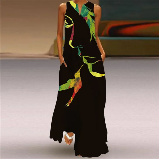 Elegant Sleeveless Women Dress, Vintage Print Loose Long Maxi Dresses Lady V Neck Pocket Sundress Plus Size