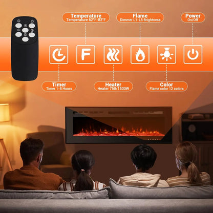 60" Electric Fireplace, 3.85" Ultra-Thin Recessed & Wall Mounted  12 LED Flame Colors