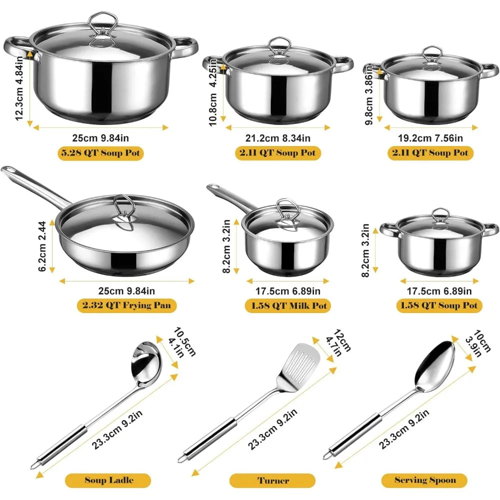 15-Piece Stainless Steel Cookware Set with Pots, Pans & Utensils - Induction Safe & Dishwasher Safe