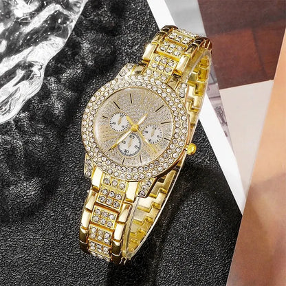 Women's Quartz Watch Gold  Women Ring Necklace Earring  Jewelry Set.