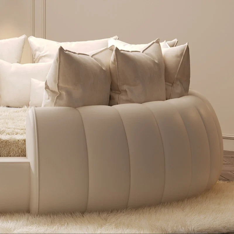 2.2×2m Master Bedroom Big Round Bed, Modern Hotel Guest House Cream White Leather, Full Bed Frame Lazy Cloud Sectional.