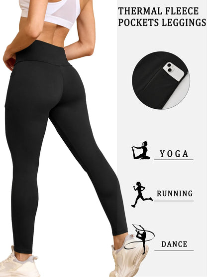 Women Thermal Fleece Lined, High Waisted with pockets, Thick Tights Running Pants.
