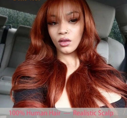 Natural Color 24" Body Wave Wig with Bangs | 180% Density Remy Human Hair Middle Part Lace