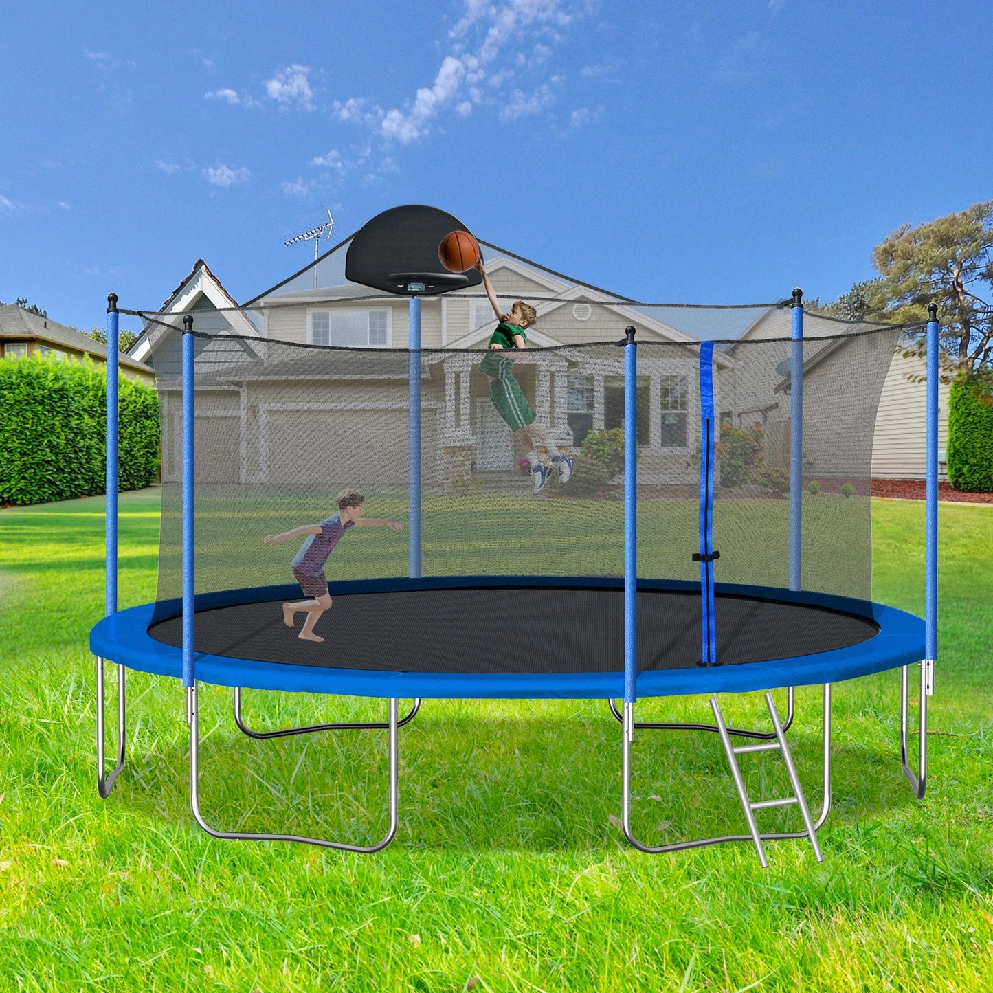 14FT Trampoline With Backboard, With Enclosure Net And Ladder.