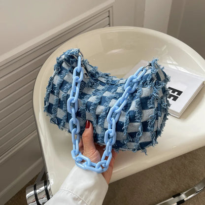 Vintage Women's Casual Shoulder & Underarm Bag | Plaid Pattern Denim Small Purse (Ladies Chain Leisure Handbag, Hobo Style)