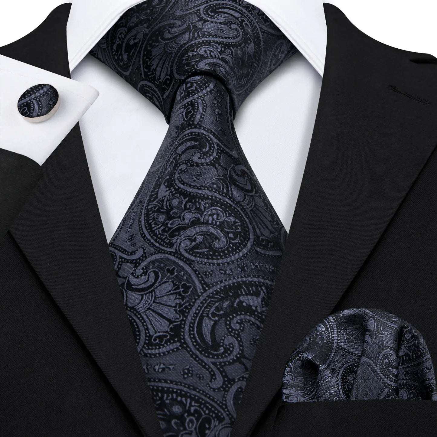 Black White Gray Silver Men Tie Handkerchief Cufflinks Set.