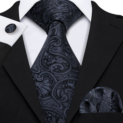 Black White Gray Silver Men Tie Handkerchief Cufflinks Set.