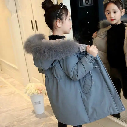 Warm Jackets for Girls Two Colors, Faux Fur Hooded Coat , White Duck Down Parkas