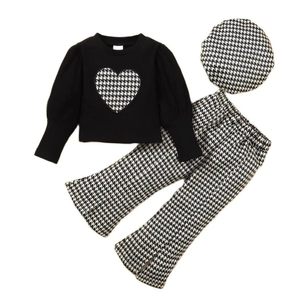 1-6 Year Little Girl Clothes Set, Love Heart Print, Long Sleeve 3PCS Outfits.