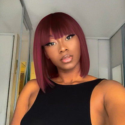 Rebecca Orange Blonde & 99J Red Straight Bob Wig with Bangs | Human Hair Machine Made