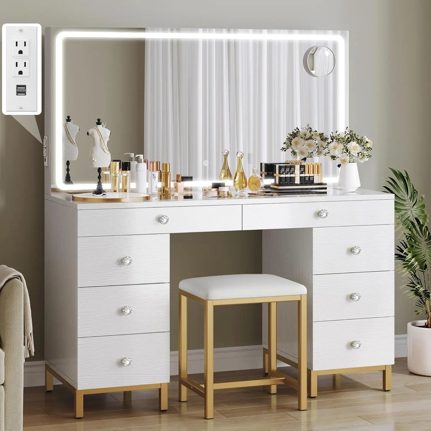 Vanity Desk with Mirror and Lights, Charging Station, Makeup Table with 8 Drawers, Dimmable Lighting