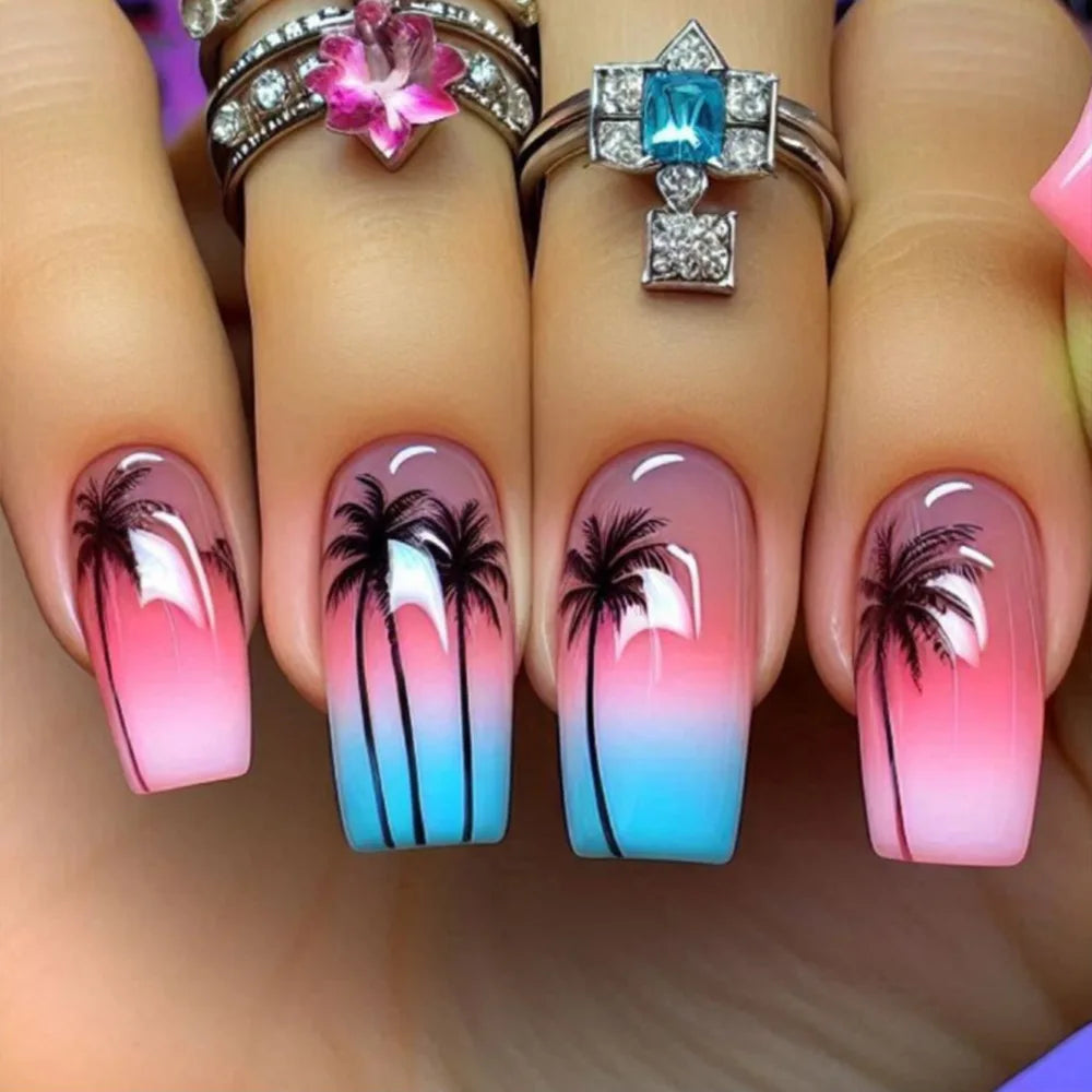 24pcs Golden Stripe Press on Nails Long Square False Nails Full Cover Nail Tips.